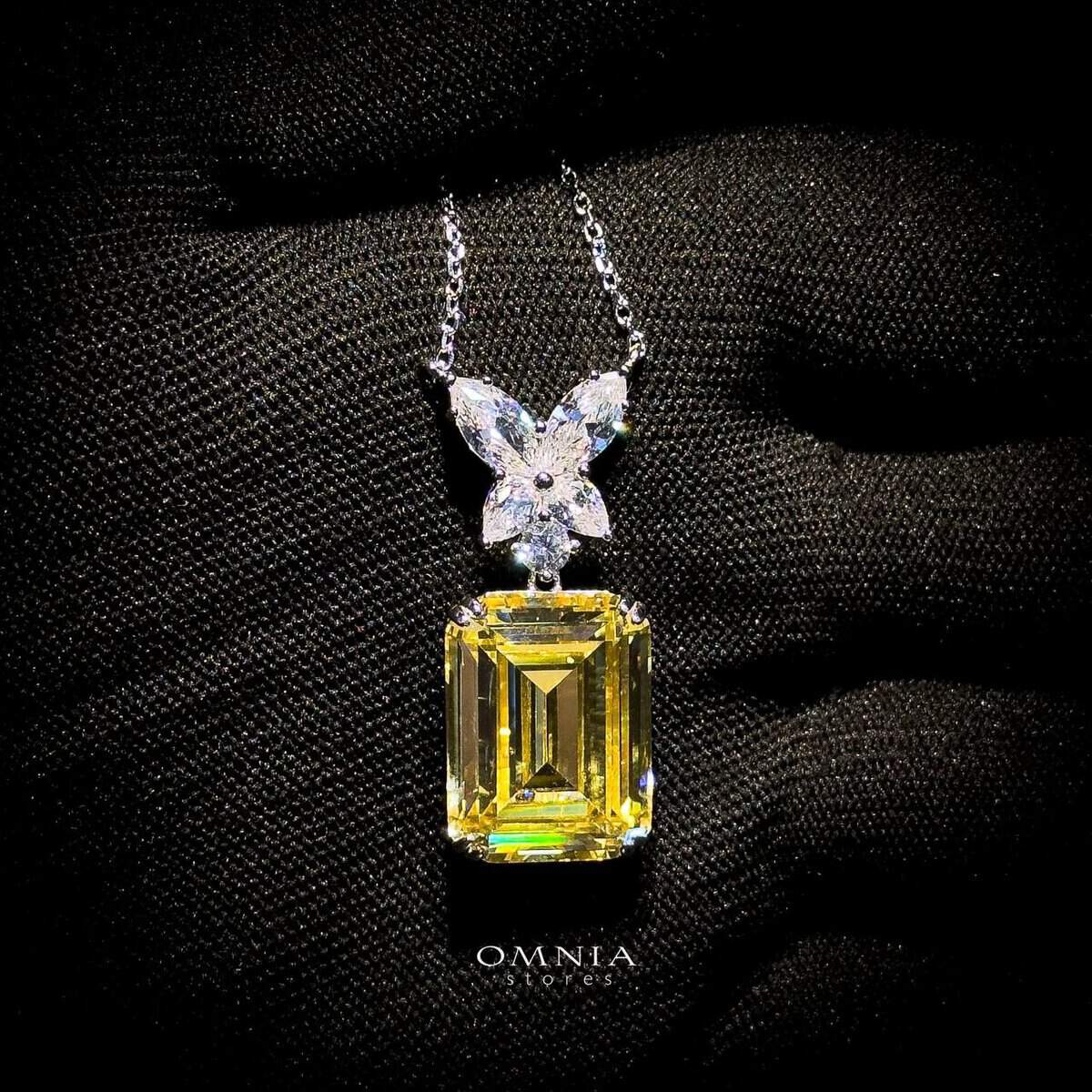 Omnia Tiffany Butterfly Necklace in 92.5 Silver with Yellow Emerald-Cut Simulated Diamonds - OMNIASTORES UAE