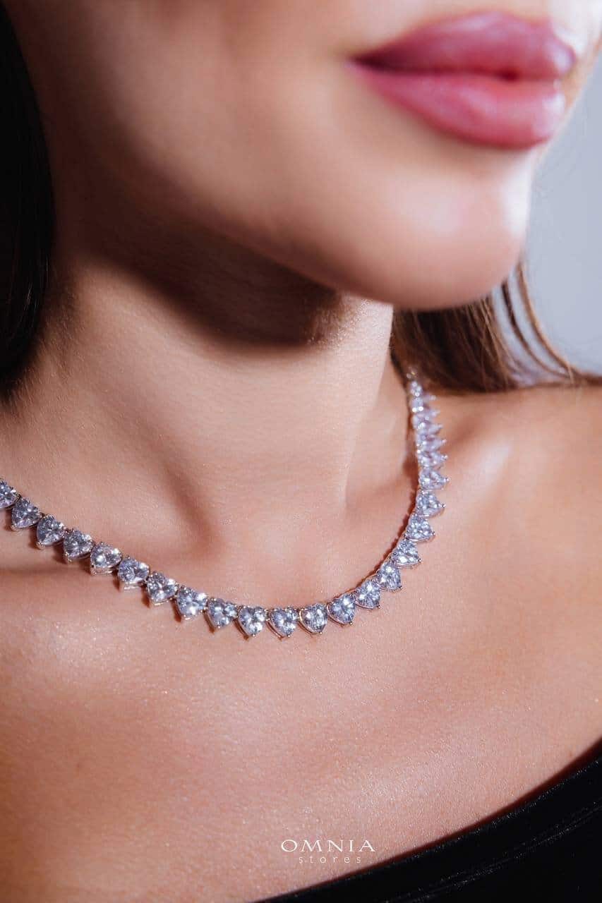 Omnia Shaden Heart-Shaped Tennis Necklace - Silver with Iced Cut Stones - OMNIASTORES UAE