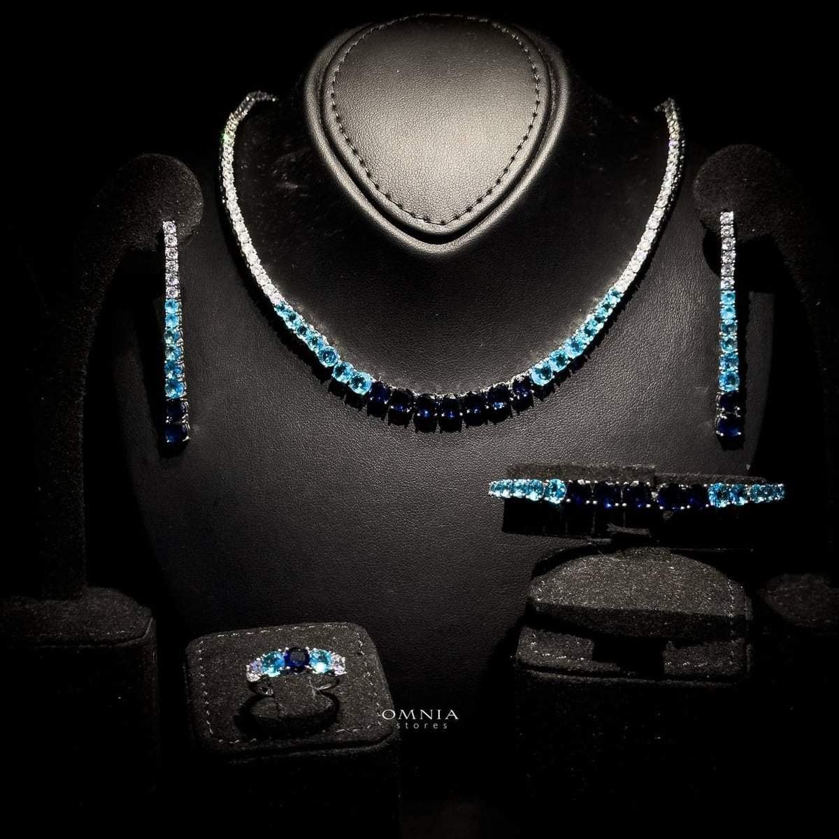 Omnia Maryam Blue Bridal Full Set in High Quality Zircon Stone Rhodium Plated - OMNIASTORES UAE