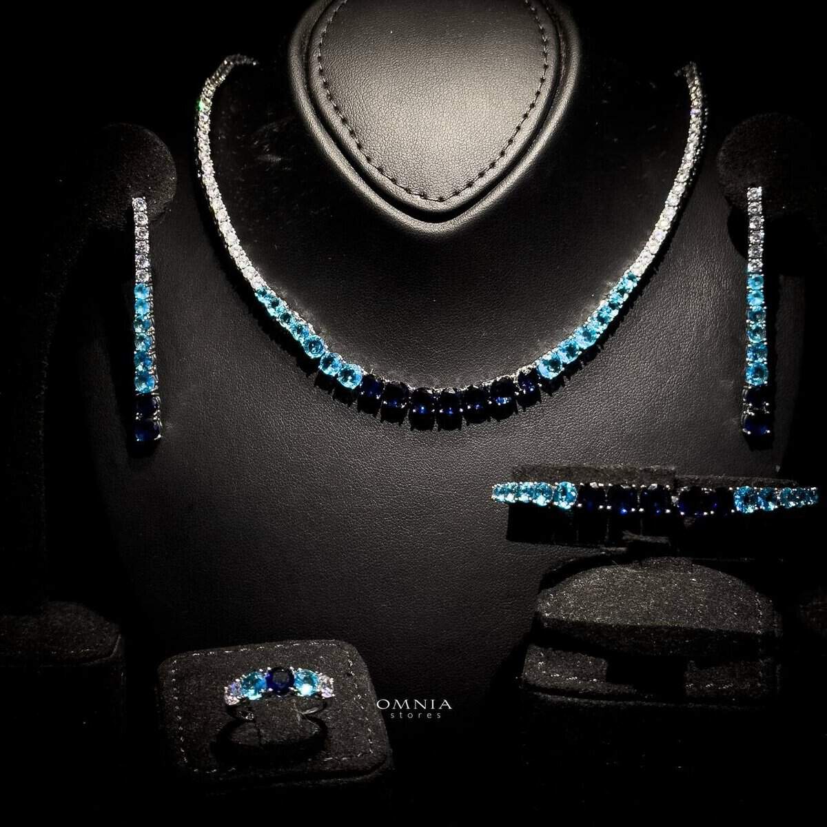 Omnia Maryam Blue Bridal Full Set in High Quality Zircon Stone Rhodium Plated - OMNIASTORES UAE