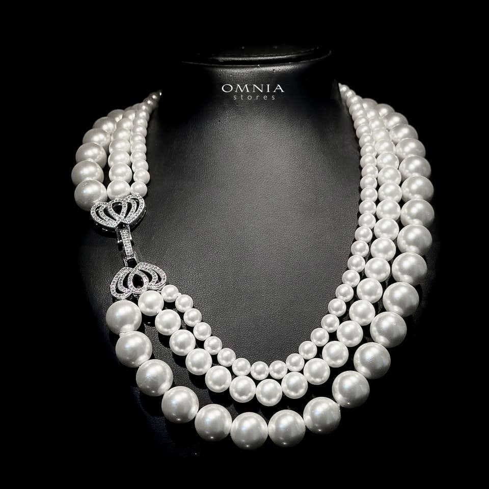 Omnia Aziza White Triple Layer Necklace with Artificial Pearls in High-Quality Copper Plated - OMNIASTORES UAE