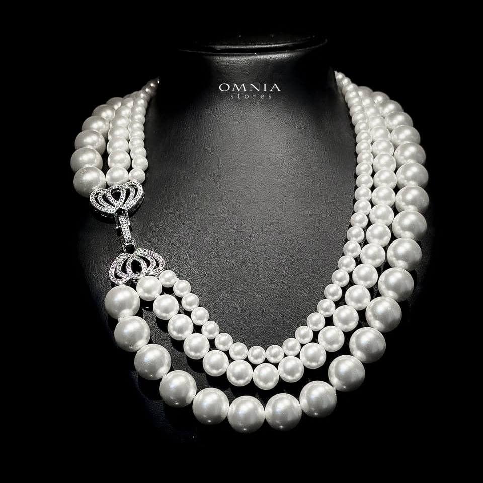 Omnia Aziza White Triple Layer Necklace with Artificial Pearls in High-Quality Copper Plated - OMNIASTORES UAE