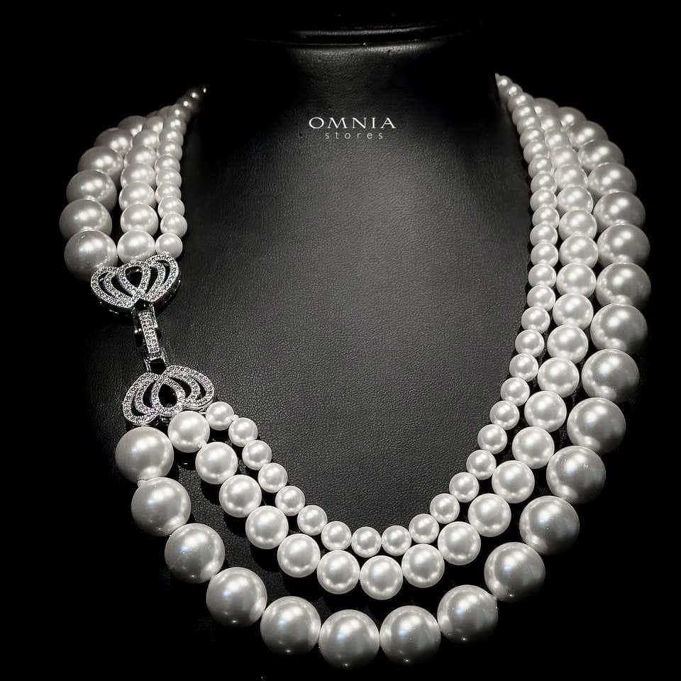 Omnia Aziza White Triple Layer Necklace with Artificial Pearls in High-Quality Copper Plated - OMNIASTORES UAE