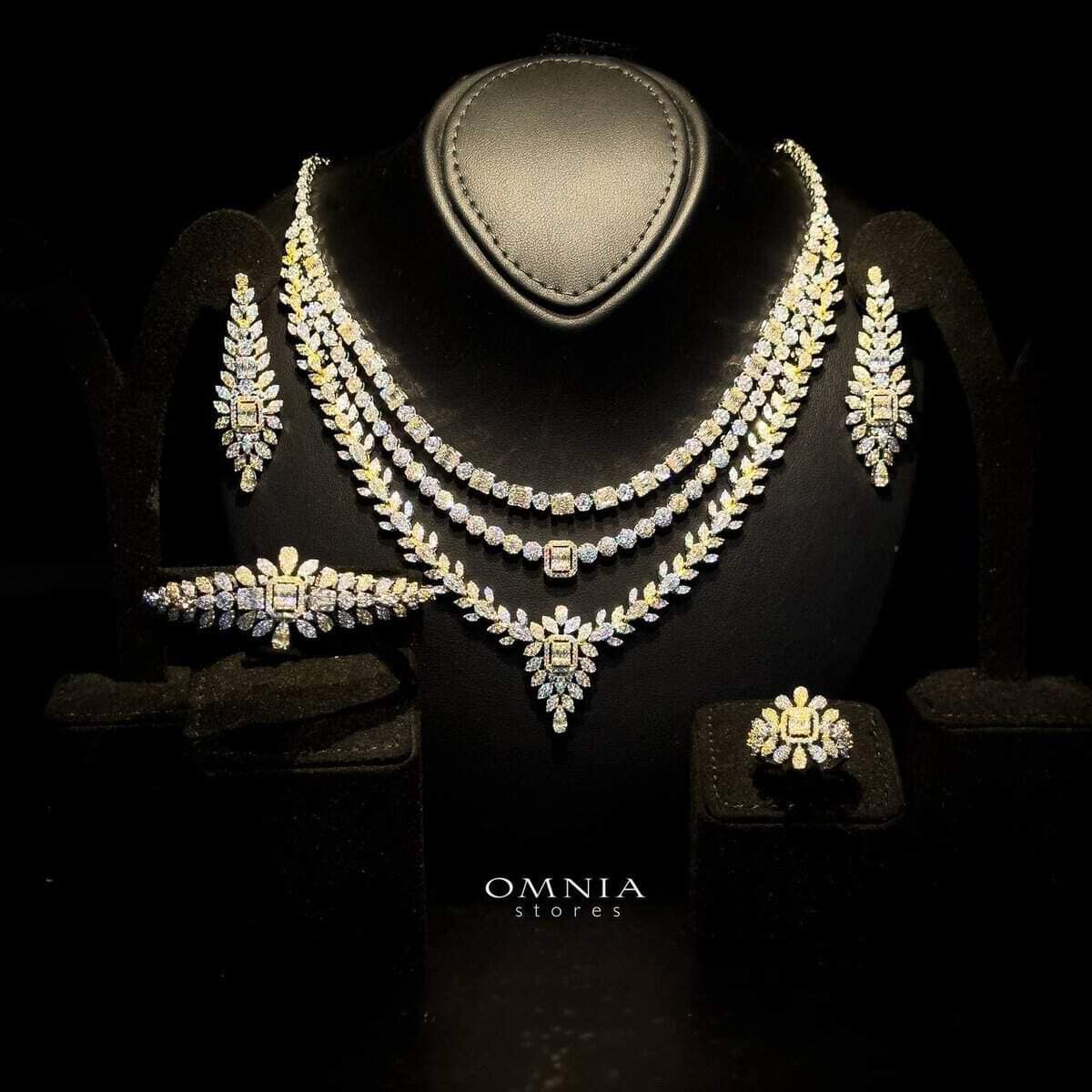 Omnia Jala Golden Bridal Full Set in High Quality Zircon Stone in Rhodium Plated - OMNIASTORES UAE