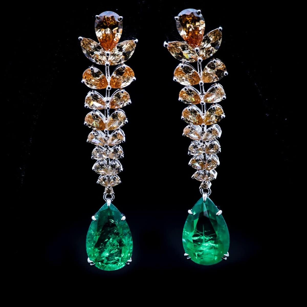 Omnia Larisa Green and Champagne Teardrop Earrings in 92.5 Silver with High Quality Simulated Diamonds - OMNIASTORES UAE