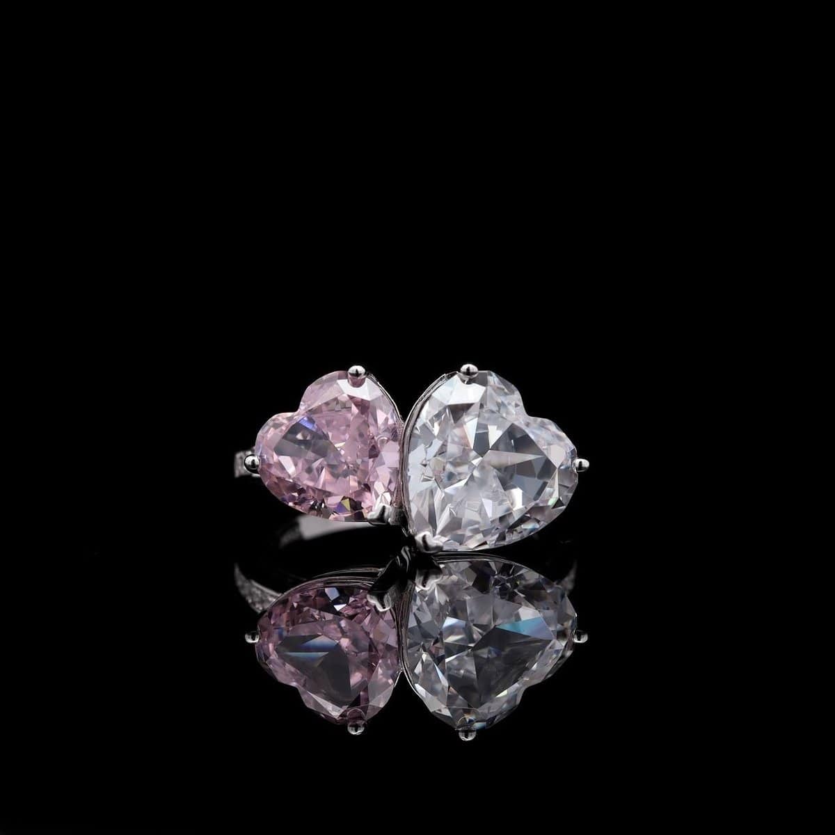 Omnia Dual Heart Ring in 92.5 Silver with High-Quality White and Pink Simulated Diamonds - OMNIASTORES UAE