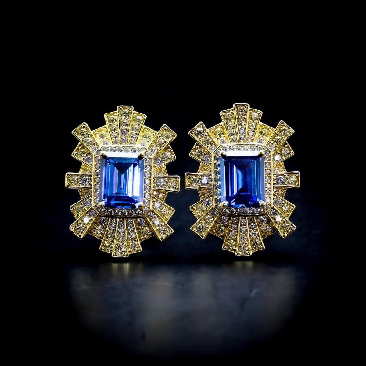 Omnia Nadine Royal Blue Emerald Cut Sunburst Earrings in 92.5 Silver with High-Quality Simulated Diamonds - OMNIASTORES UAE