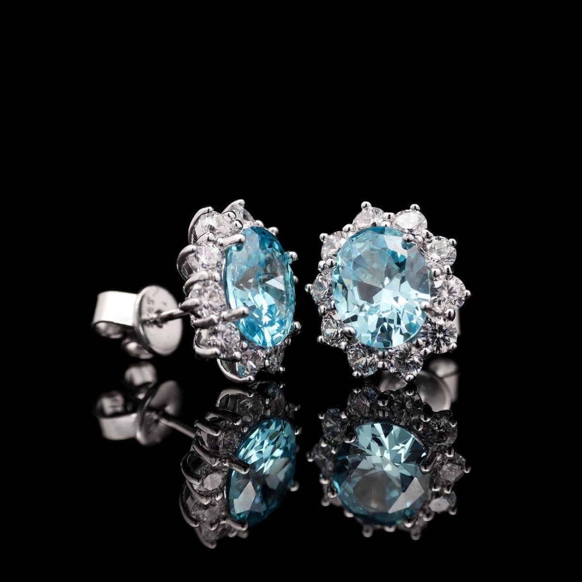 Omnia Elara Sky Blue Oval Stud Earrings in 92.5 Silver with High-Quality Simulated Diamonds - OMNIASTORES UAE