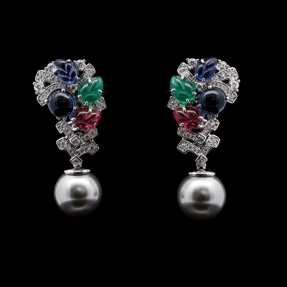 Omnia Amira Multicolor Floral Design Pearl Drop Earrings in 925 Silver with High-Quality Simulated Diamonds - OMNIASTORES UAE
