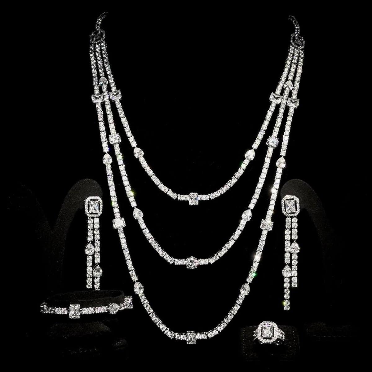 Omnia Layara White Long Chain Full Set with Triple-Layer Necklace in High-Quality Zircon Stone Rhodium Plated