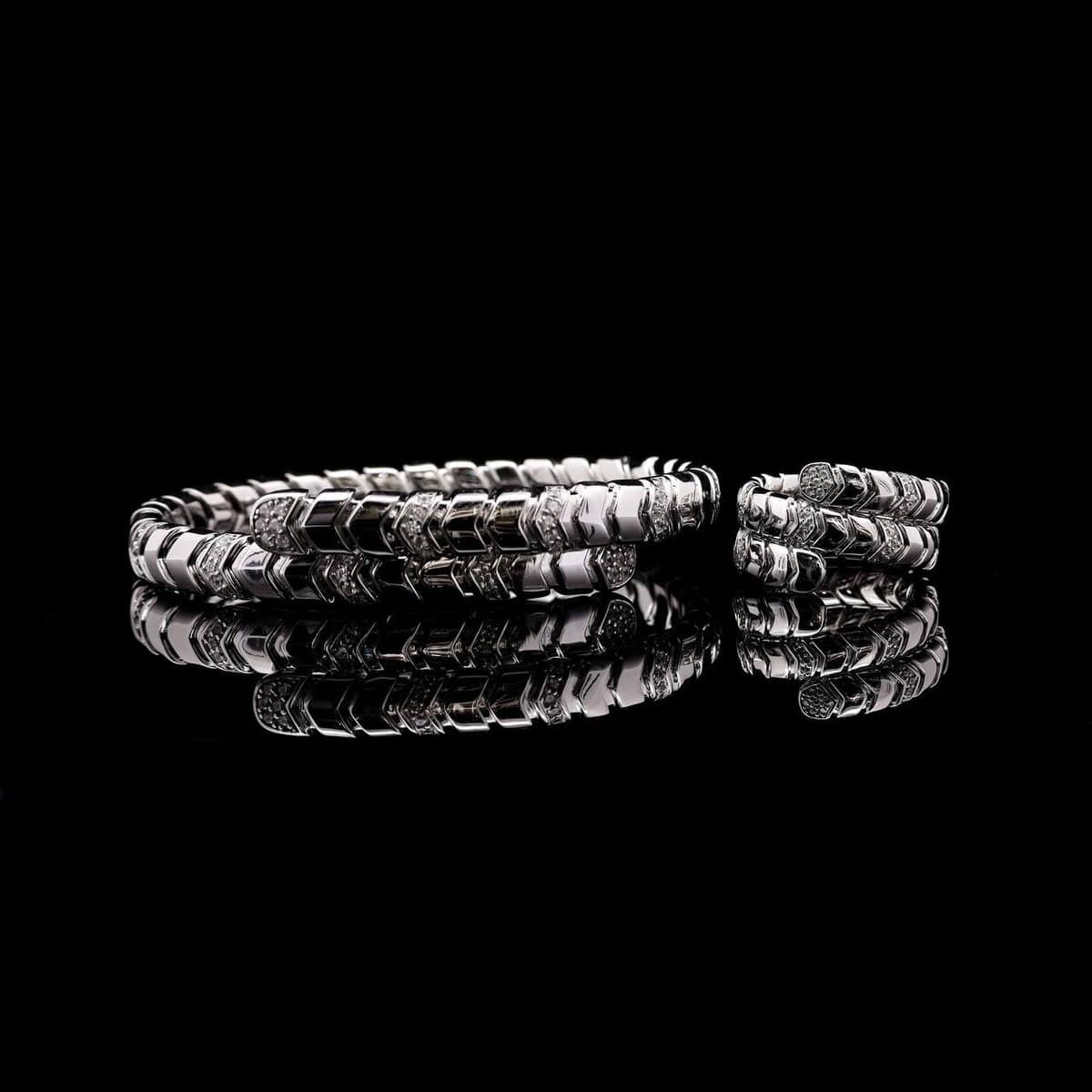 Omnia Layal Silver Bangle and Adjustable Ring Set with Chevron Design in 92.5 Silver and High-Quality Simulated Diamonds - OMNIASTORES UAE