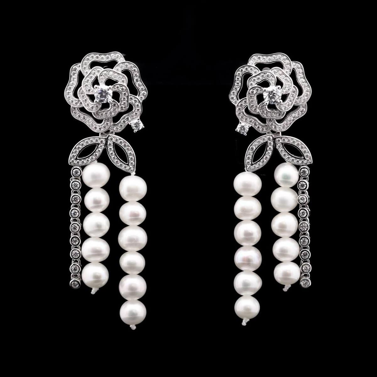 Omnia Dina Floral Pearl Drop Earrings with Rose Design in 925 Silver and High-Quality Simulated Diamonds - OMNIASTORES UAE