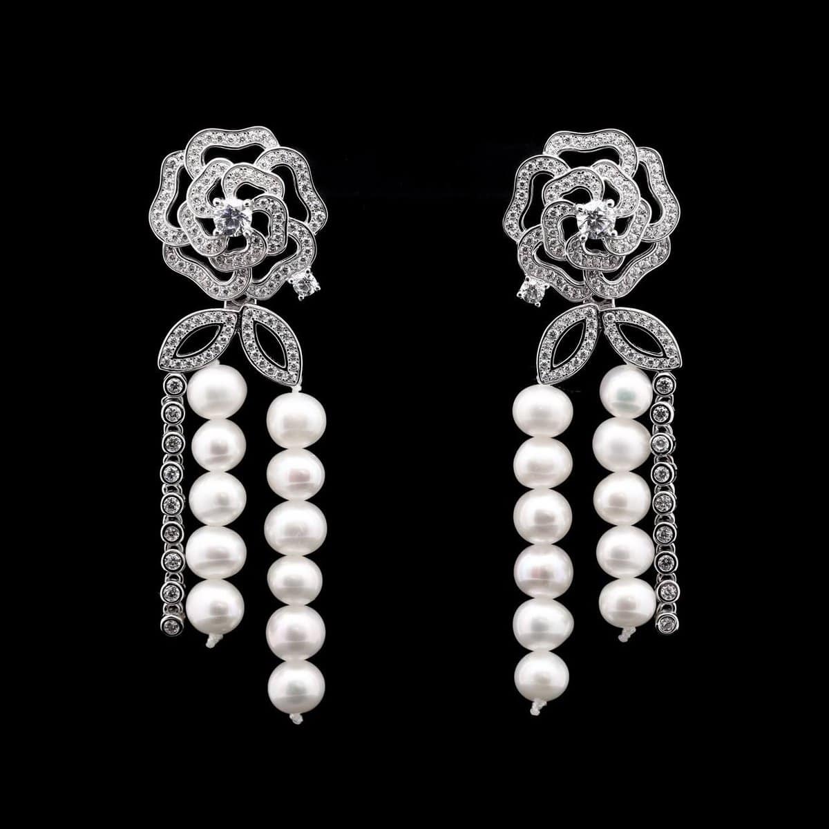 Omnia Dina Floral Pearl Drop Earrings with Rose Design in 925 Silver and High-Quality Simulated Diamonds - OMNIASTORES UAE