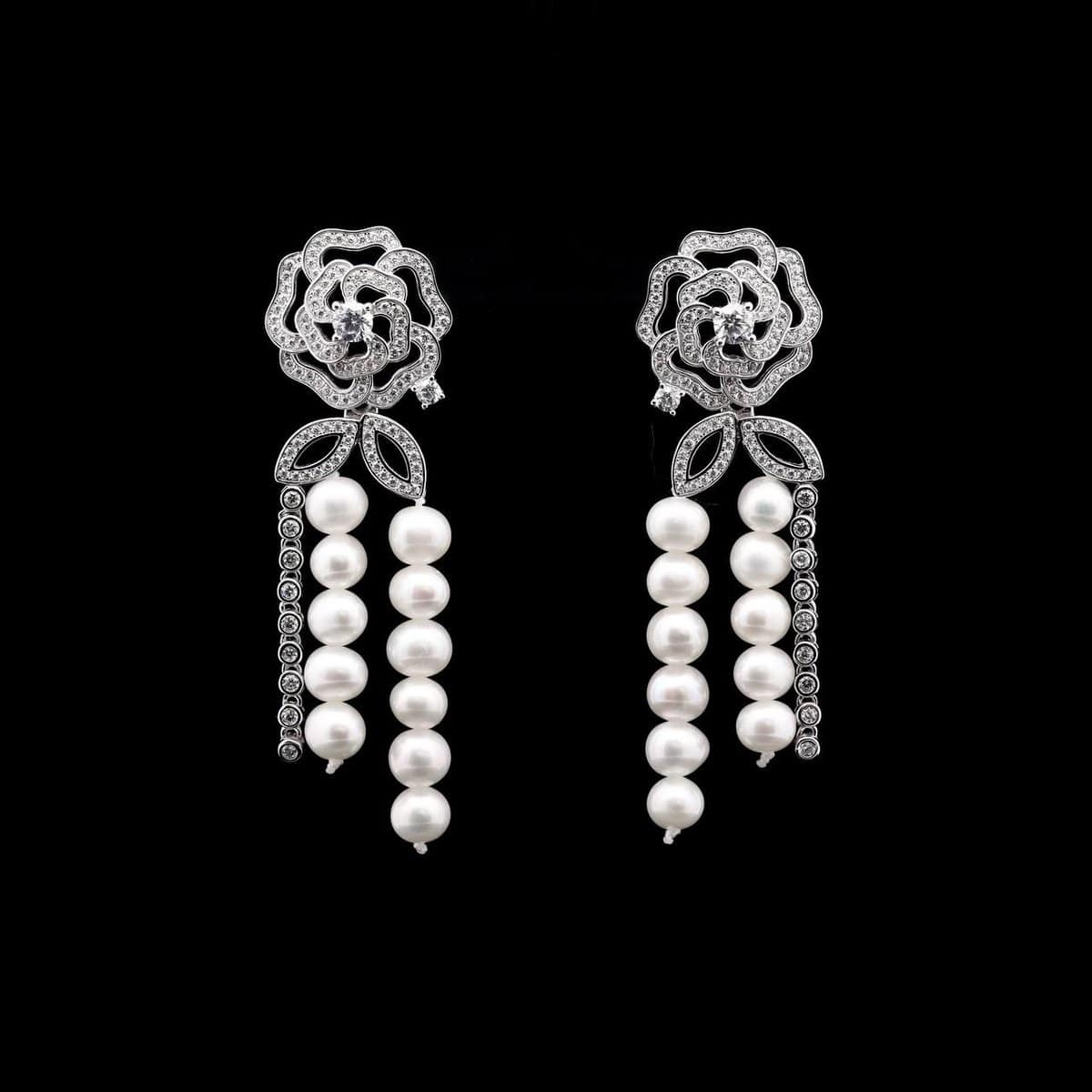 Omnia Dina Floral Pearl Drop Earrings with Rose Design in 925 Silver and High-Quality Simulated Diamonds - OMNIASTORES UAE