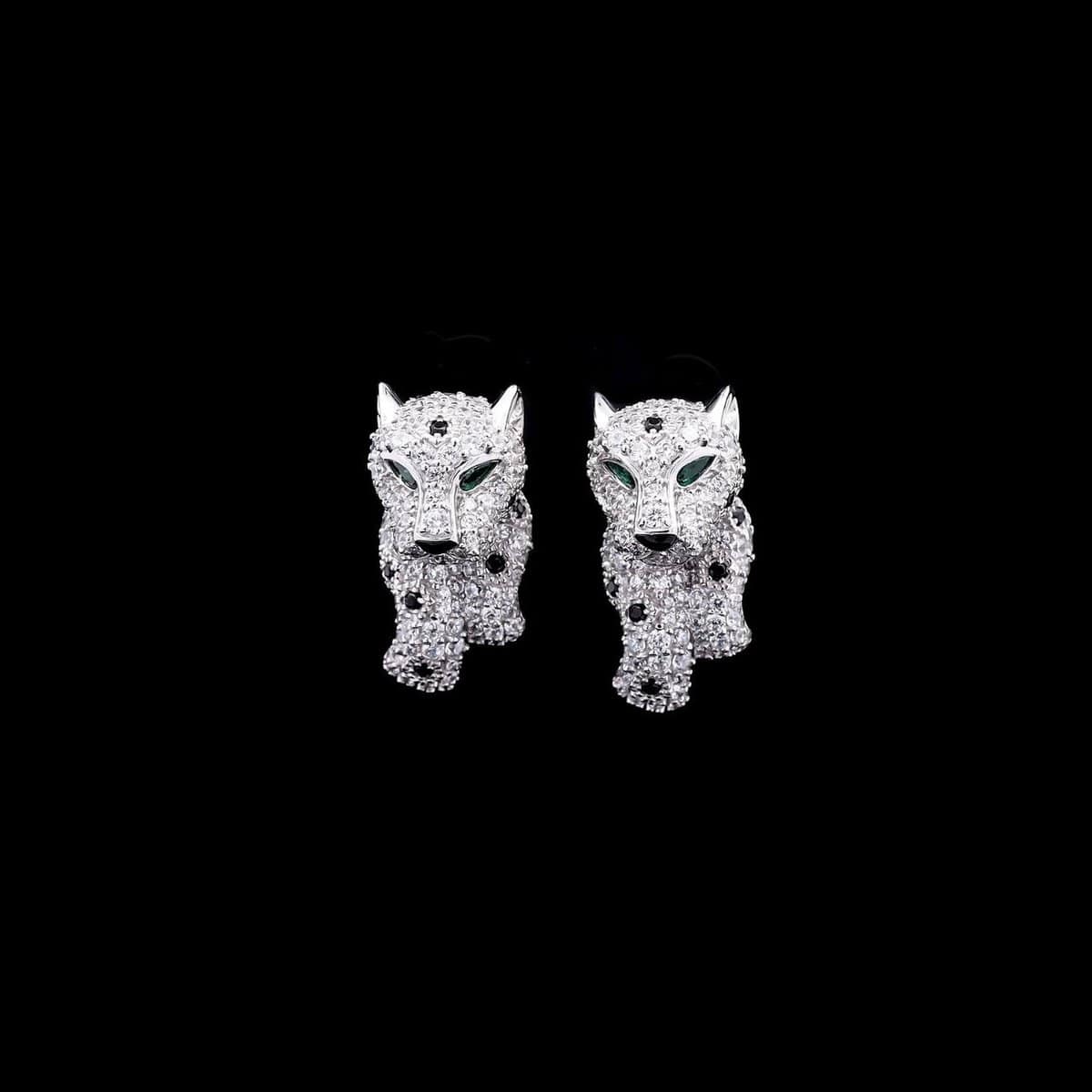 Omnia Salma Panther Design Earrings with Emerald Accents in 92.5 Silver and High-Quality Simulated Diamonds - OMNIASTORES UAE
