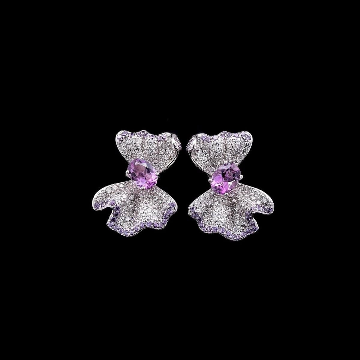 Omnia Hazel Floral Drop Earrings with Purple Gemstone Accents in 92.5 Silver and High-Quality Simulated Diamonds - OMNIASTORES UAE