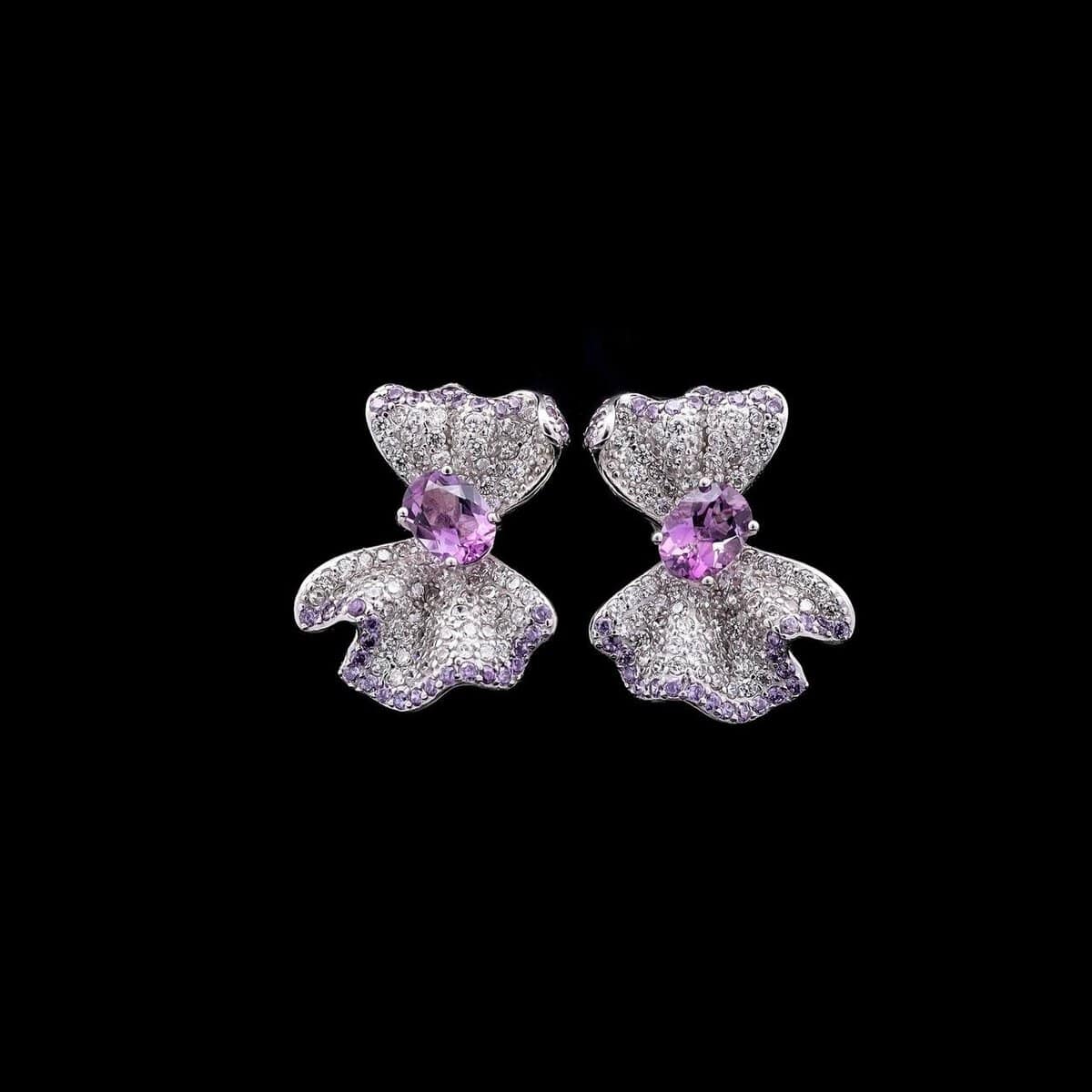 Omnia Hazel Floral Drop Earrings with Purple Gemstone Accents in 92.5 Silver and High-Quality Simulated Diamonds - OMNIASTORES UAE