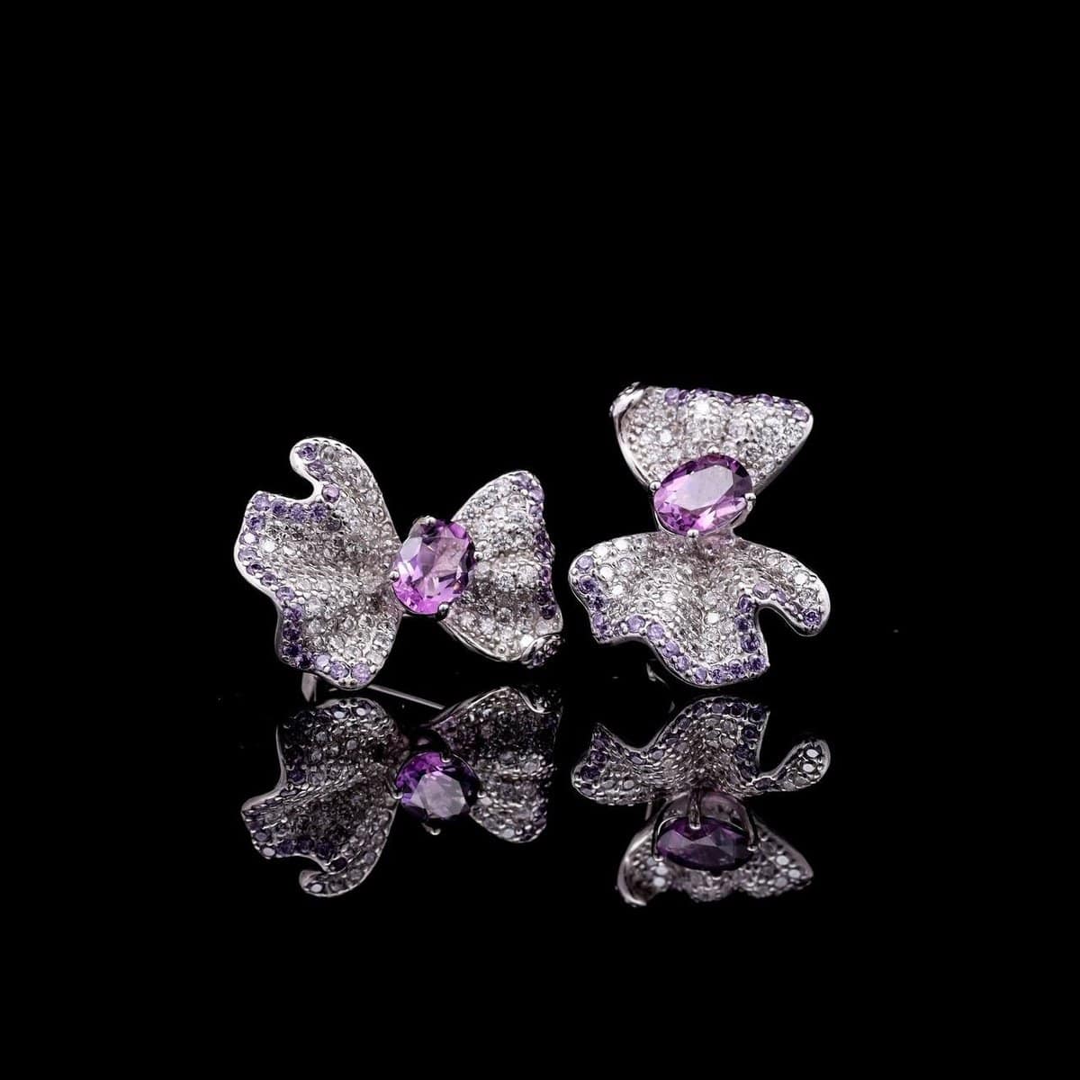 Omnia Hazel Floral Drop Earrings with Purple Gemstone Accents in 92.5 Silver and High-Quality Simulated Diamonds - OMNIASTORES UAE