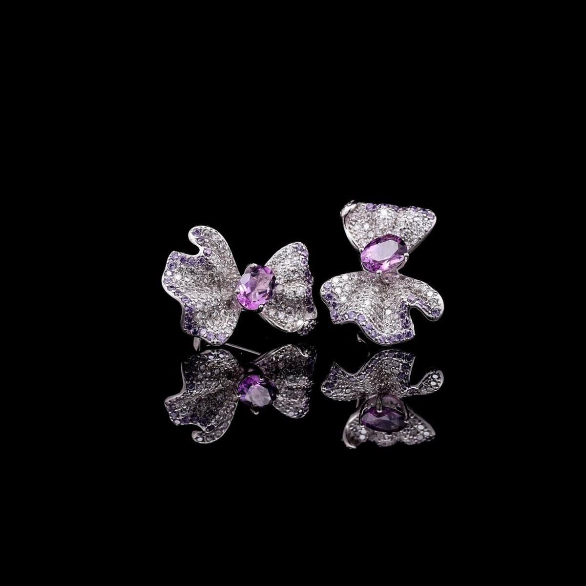 Omnia Hazel Floral Drop Earrings with Purple Gemstone Accents in 92.5 Silver and High-Quality Simulated Diamonds - OMNIASTORES UAE
