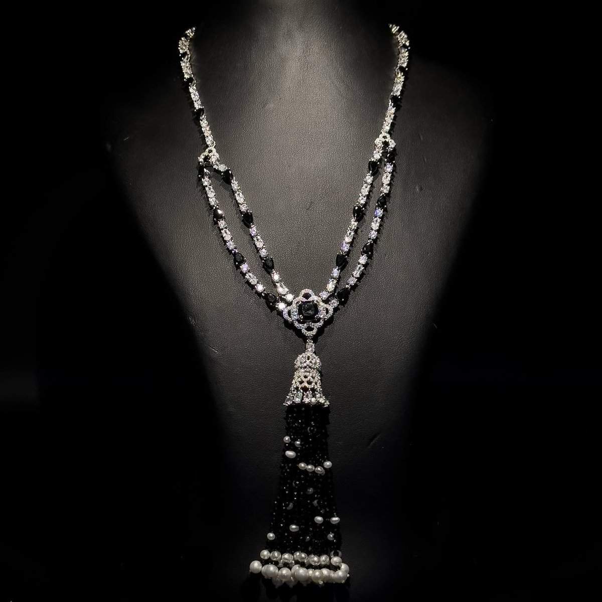 Omnia Mariella Onyx Tassel Necklace and Earring Set in High-Quality Simulated Diamonds with Black Pearl Details - OMNIASTORES UAE