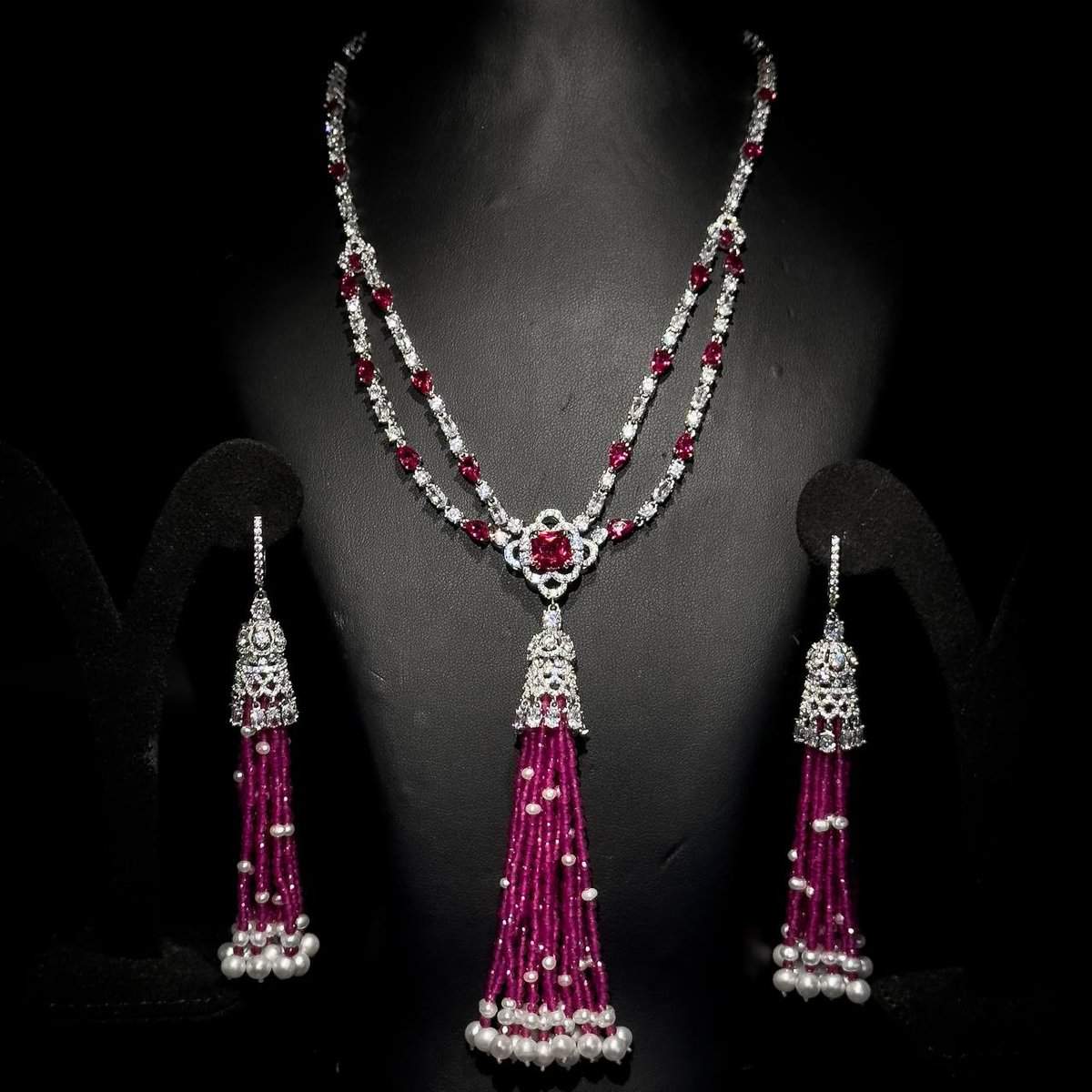 Omnia Mariella Ruby Tassel Necklace and Earring Set in High-Quality Simulated Diamonds with Pearl Accents - OMNIASTORES UAE