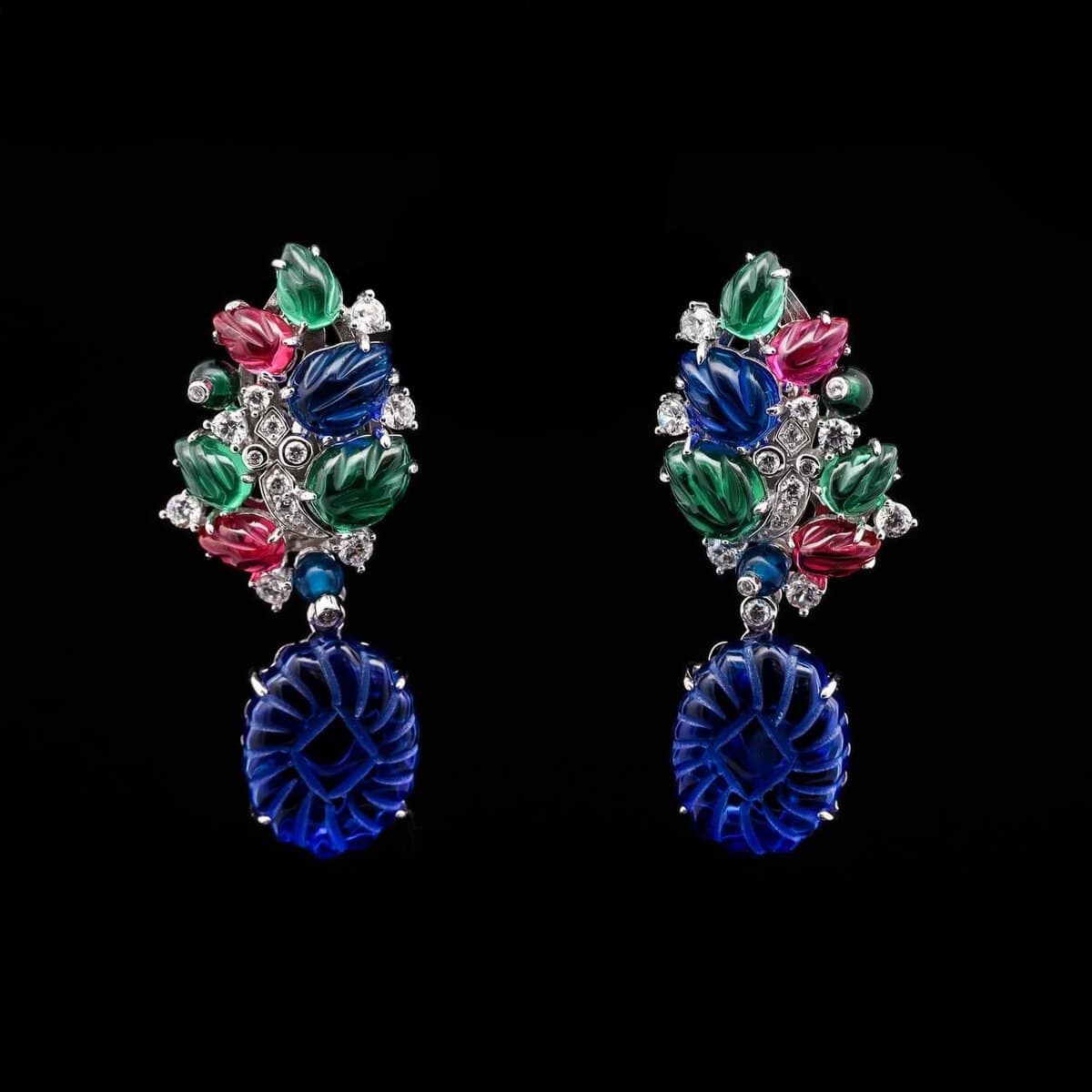 Omnia Bloom Drop Earrings with Multicolor Leaf Design and Simulated Diamonds in 92.5 Silver - OMNIASTORES UAE