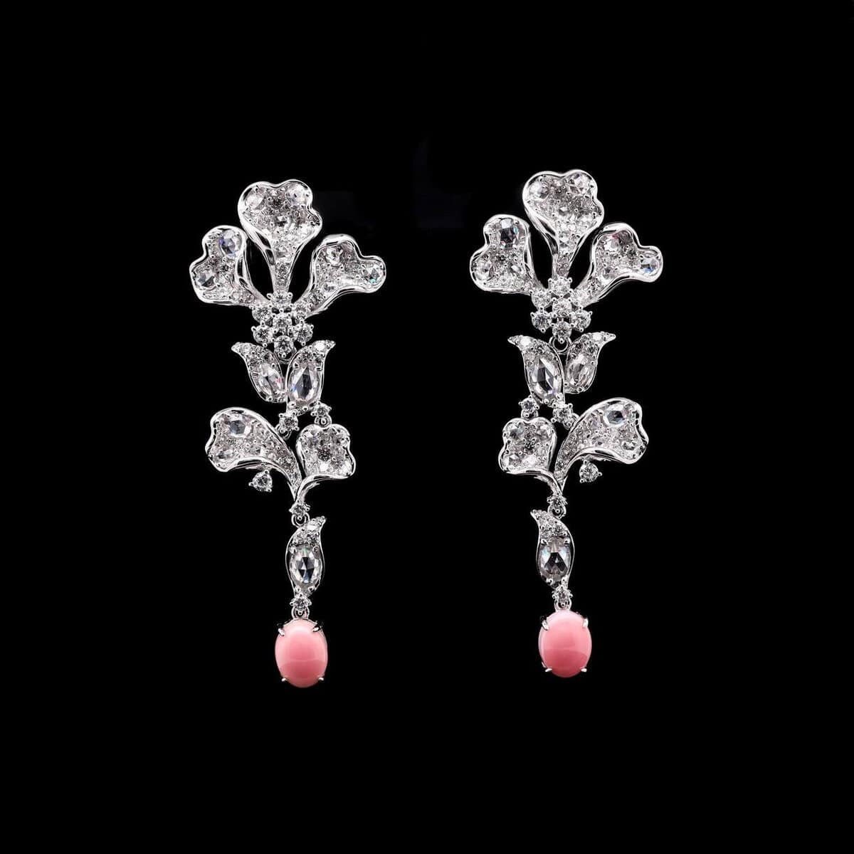Omnia Floral Drop Earrings with Pink Teardrop Stones and Simulated Diamonds in 92.5 Silver - OMNIASTORES UAE