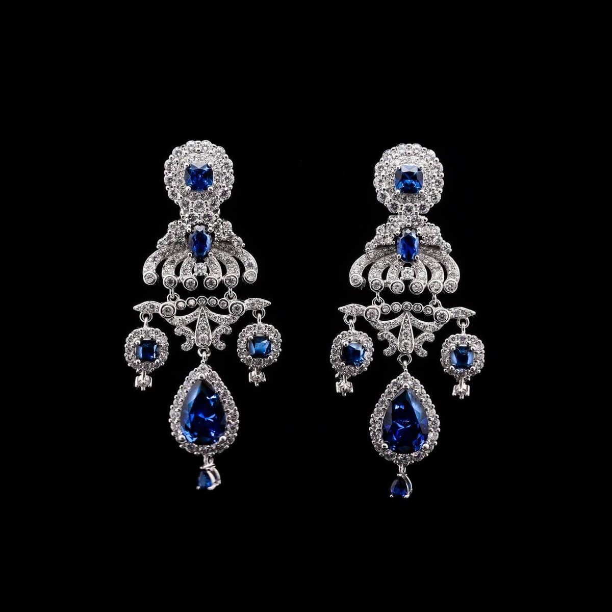 Omnia Amani Chandelier Earrings with Sapphire Blue Simulated Diamonds in 92.5 Silver - OMNIASTORES UAE