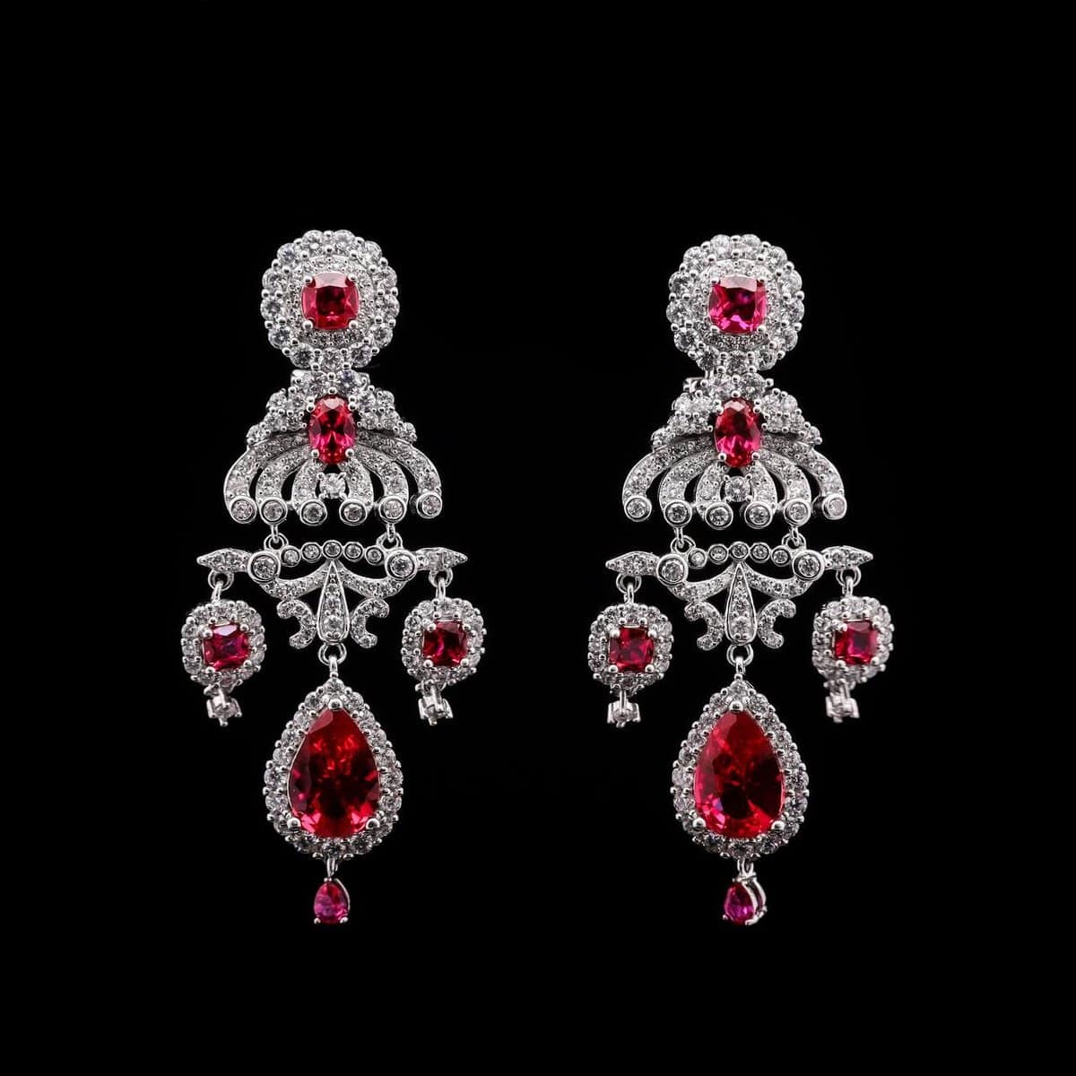 Omnia Amani Chandelier Earrings with Ruby Red Simulated Diamonds in 92.5 Silver - OMNIASTORES UAE