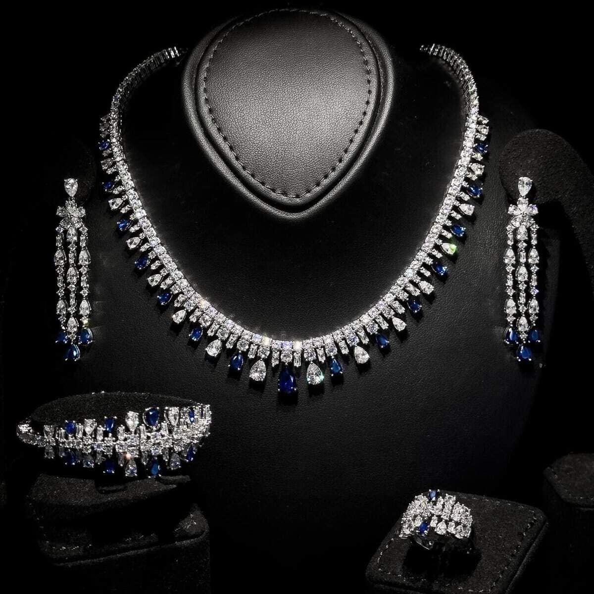 Omnia Nisrine Blue Bridal Full Set in High Quality Zircon Stone in Rhodium Plated