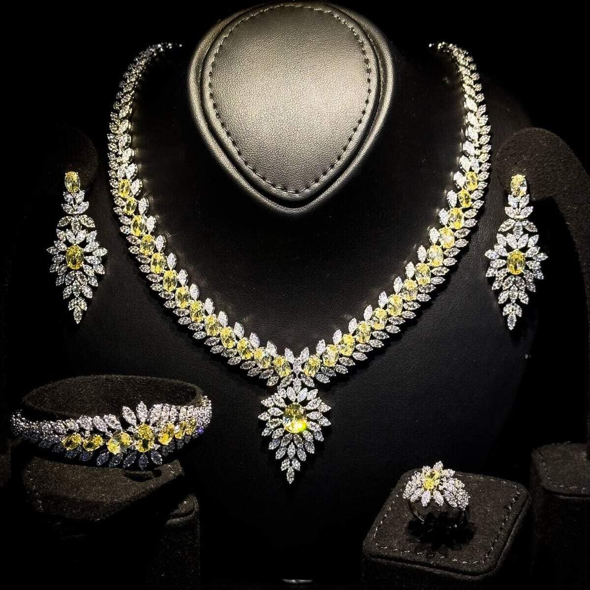 Omnia Rabiya Yellow Bridal Full Set in High Quality Zircon Stone Rhodium Plated - OMNIASTORES UAE