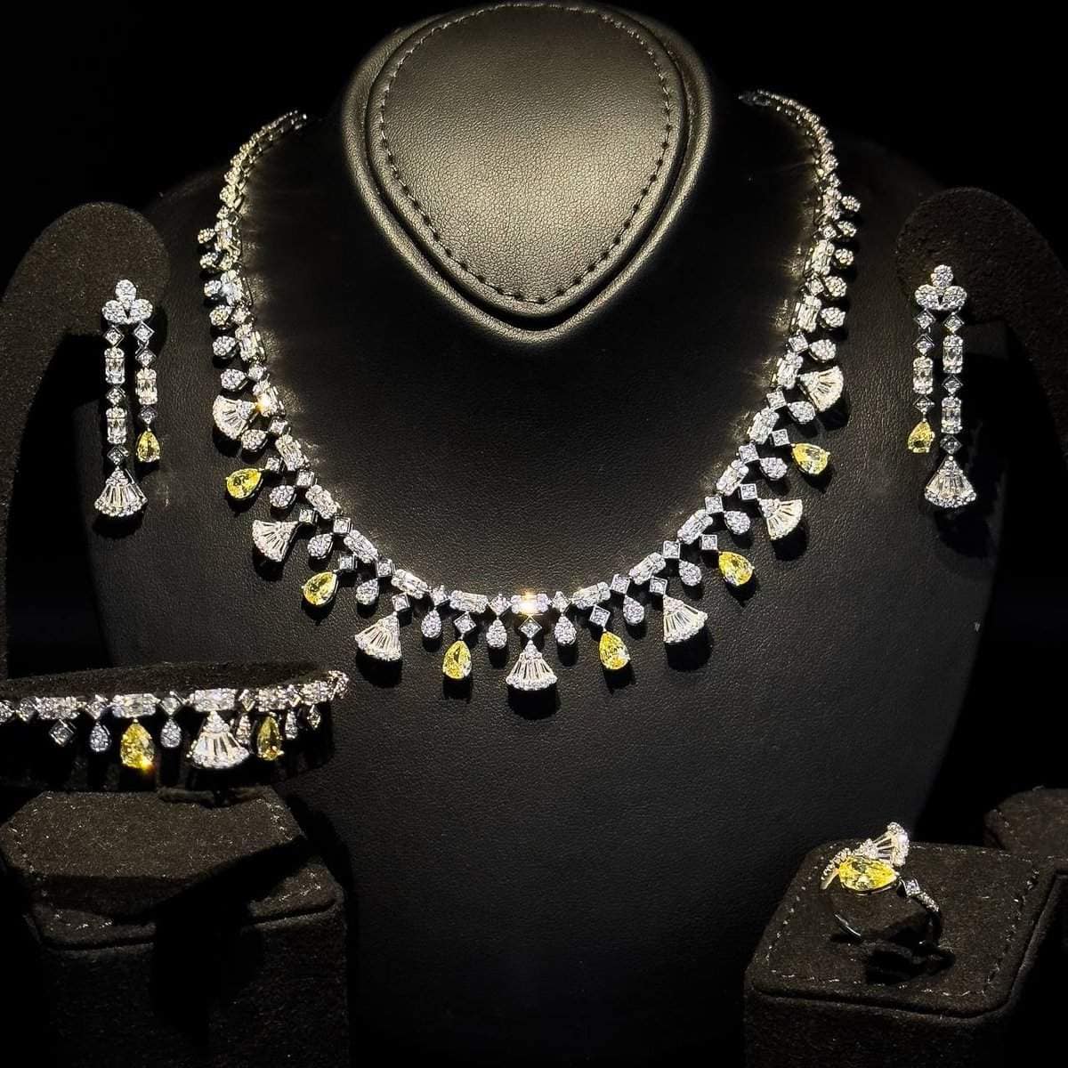 Omnia Marwa Yellow Bridal Full Set in High Quality Zircon Stone Rhodium Plated - OMNIASTORES UAE