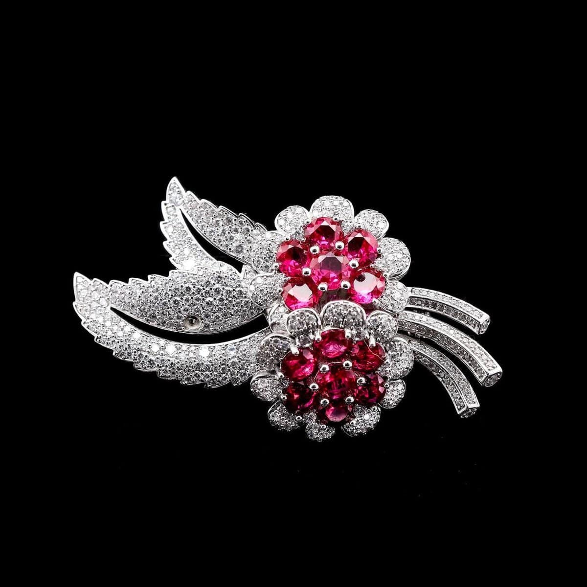 Omnia Ruby Floral Brooch in 92.5 Silver with High Quality Simulated Diamonds - OMNIASTORES UAE