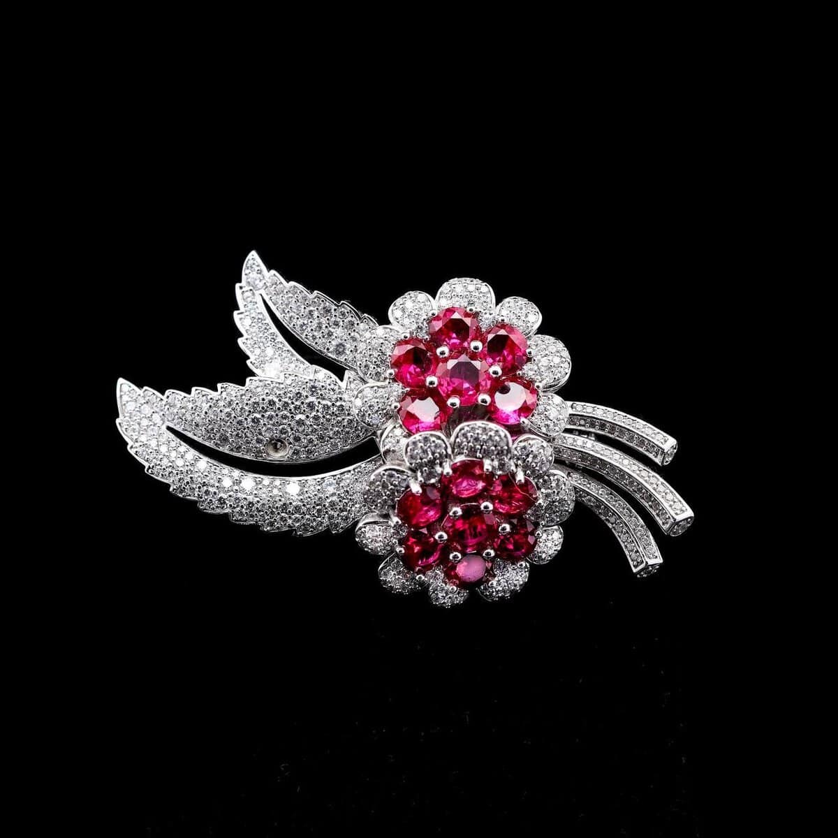 Omnia Ruby Floral Brooch in 92.5 Silver with High Quality Simulated Diamonds - OMNIASTORES UAE