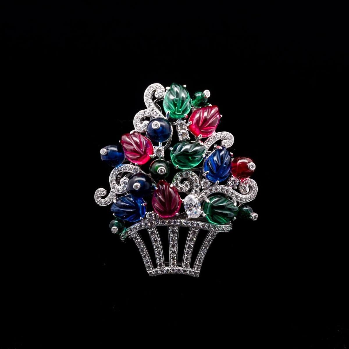 Omnia Floral Basket Brooch in 92.5 Silver with Multi-Color Simulated Stones and High Quality Zircon Diamonds - OMNIASTORES UAE