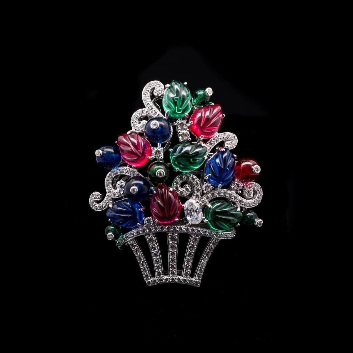 Omnia Floral Basket Brooch in 92.5 Silver with Multi-Color Simulated Stones and High Quality Zircon Diamonds - OMNIASTORES UAE