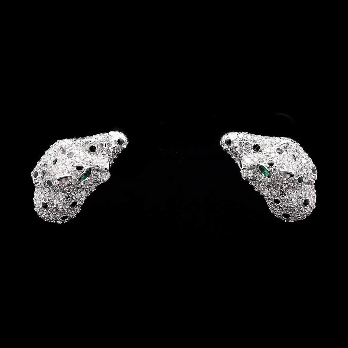 Omnia Panther Head Earrings in 92.5 Silver with High-Quality Simulated Diamonds and Green Eyes - OMNIASTORES UAE