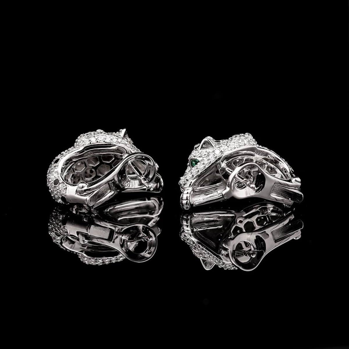 Omnia Panther Head Earrings in 92.5 Silver with High-Quality Simulated Diamonds and Green Eyes - OMNIASTORES UAE