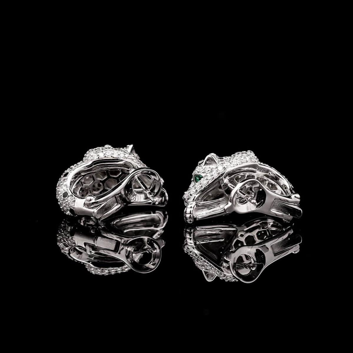 Omnia Panther Head Earrings in 92.5 Silver with High-Quality Simulated Diamonds and Green Eyes - OMNIASTORES UAE