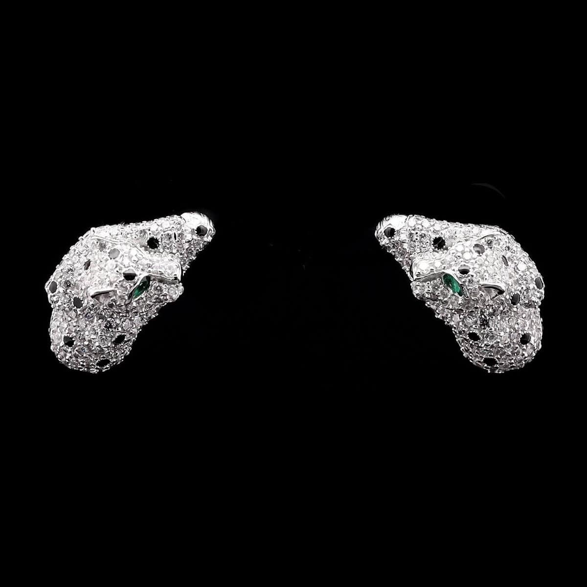 Omnia Panther Head Earrings in 92.5 Silver with High-Quality Simulated Diamonds and Green Eyes - OMNIASTORES UAE