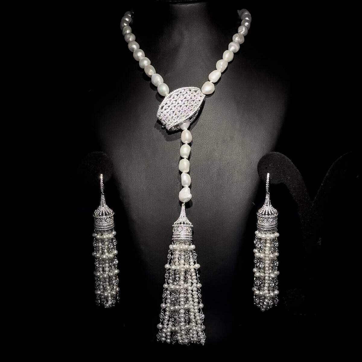 Omnia Fresh Real Water Pearl Long Chain Necklace & Drop Pearl Earrings in 92.5 Silver with High-Quality Simulated Diamonds - OMNIASTORES UAE