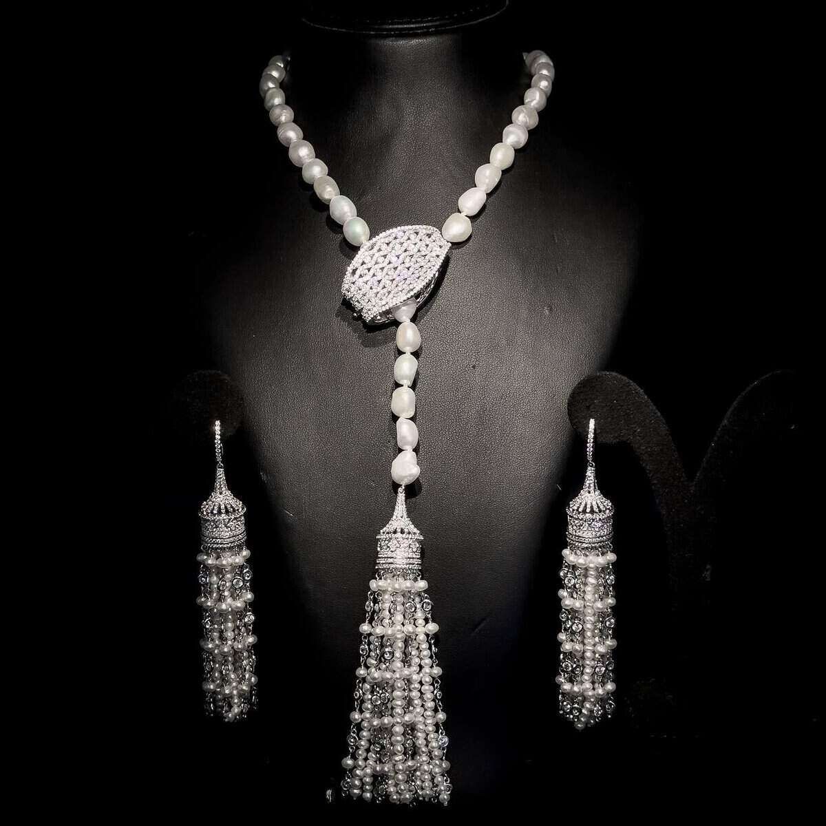 Omnia Fresh Real Water Pearl Long Chain Necklace & Drop Pearl Earrings in 92.5 Silver with High-Quality Simulated Diamonds - OMNIASTORES UAE
