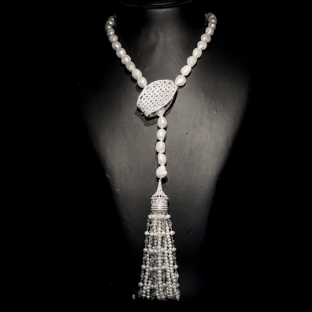 Omnia Fresh Real Water Pearl Long Chain Necklace & Drop Pearl Earrings in 92.5 Silver with High-Quality Simulated Diamonds - OMNIASTORES UAE