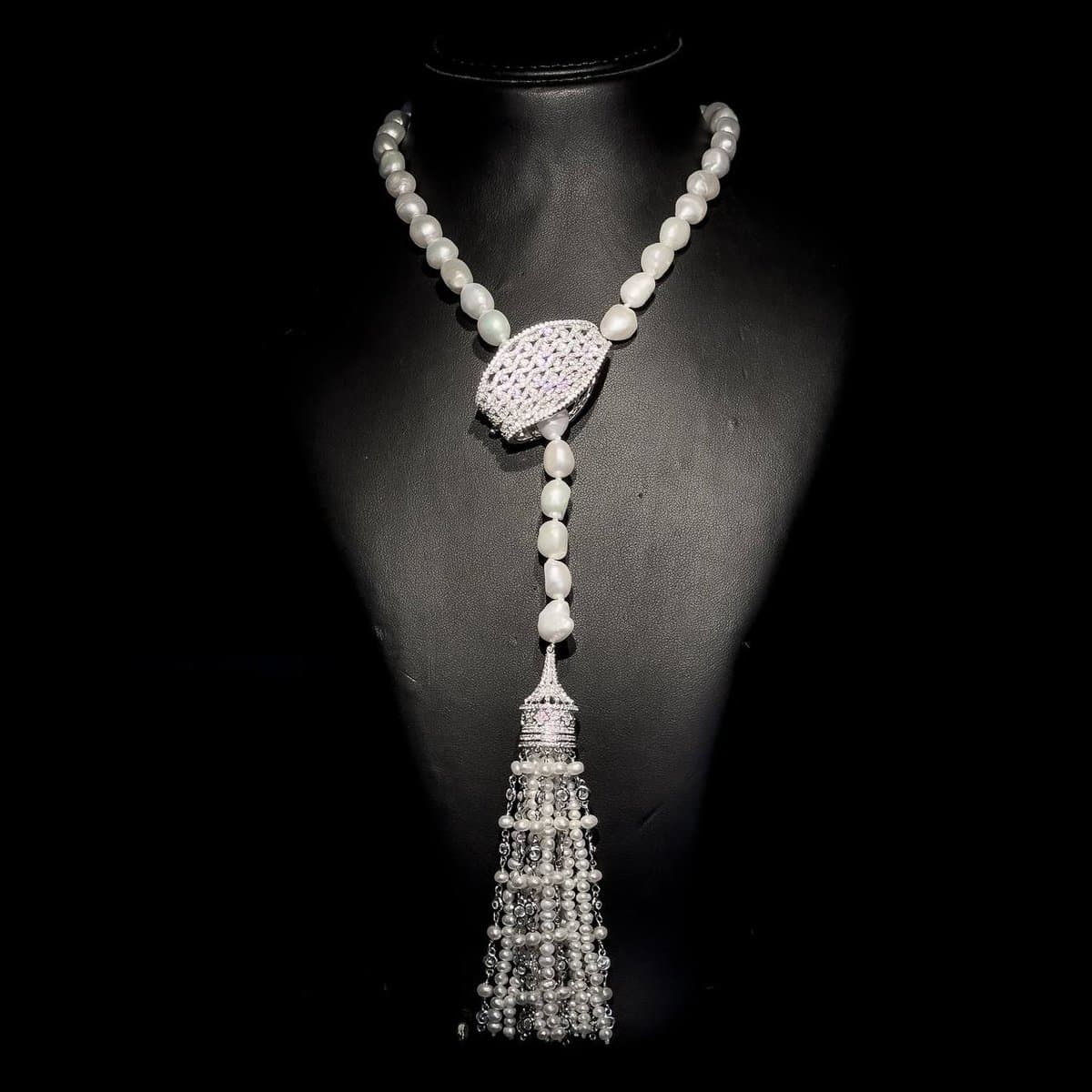 Omnia Fresh Real Water Pearl Long Chain Necklace & Drop Pearl Earrings in 92.5 Silver with High-Quality Simulated Diamonds - OMNIASTORES UAE