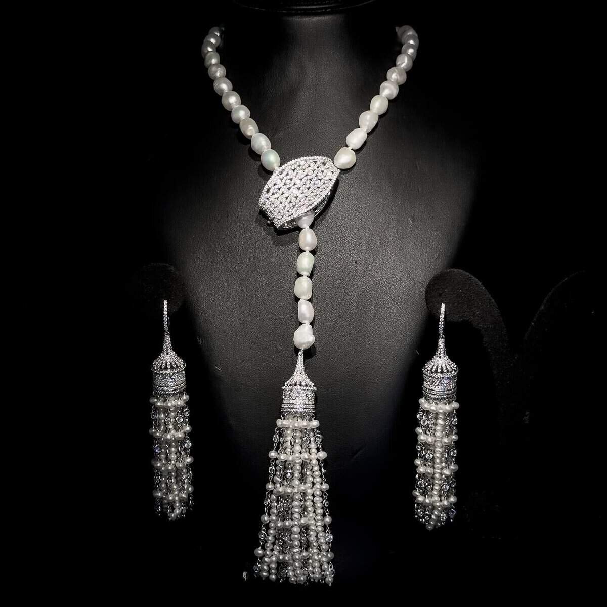 Omnia Fresh Real Water Pearl Long Chain Necklace & Drop Pearl Earrings in 92.5 Silver with High-Quality Simulated Diamonds - OMNIASTORES UAE