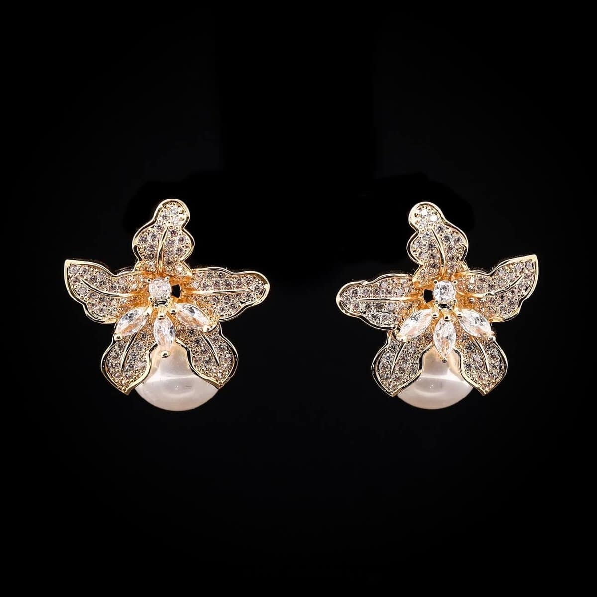 Omnia Golden Orchid Earrings with High-Quality Zircon Stones and Pearl in Rhodium Plated - OMNIASTORES UAE