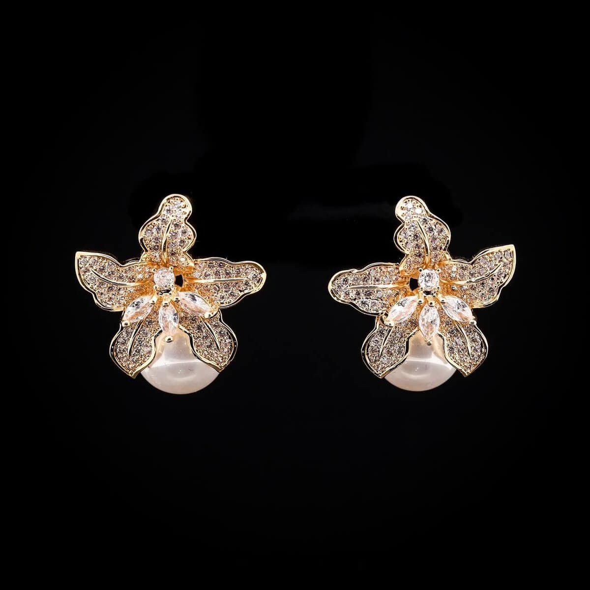 Omnia Golden Orchid Earrings with High-Quality Zircon Stones and Pearl in Rhodium Plated - OMNIASTORES UAE