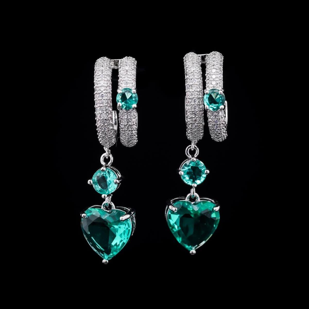 Omnia Emerald Heart Drop Earrings in High-Quality Green Zircon Stone with Double Hoop Design in Rhodium Plated - OMNIASTORES UAE