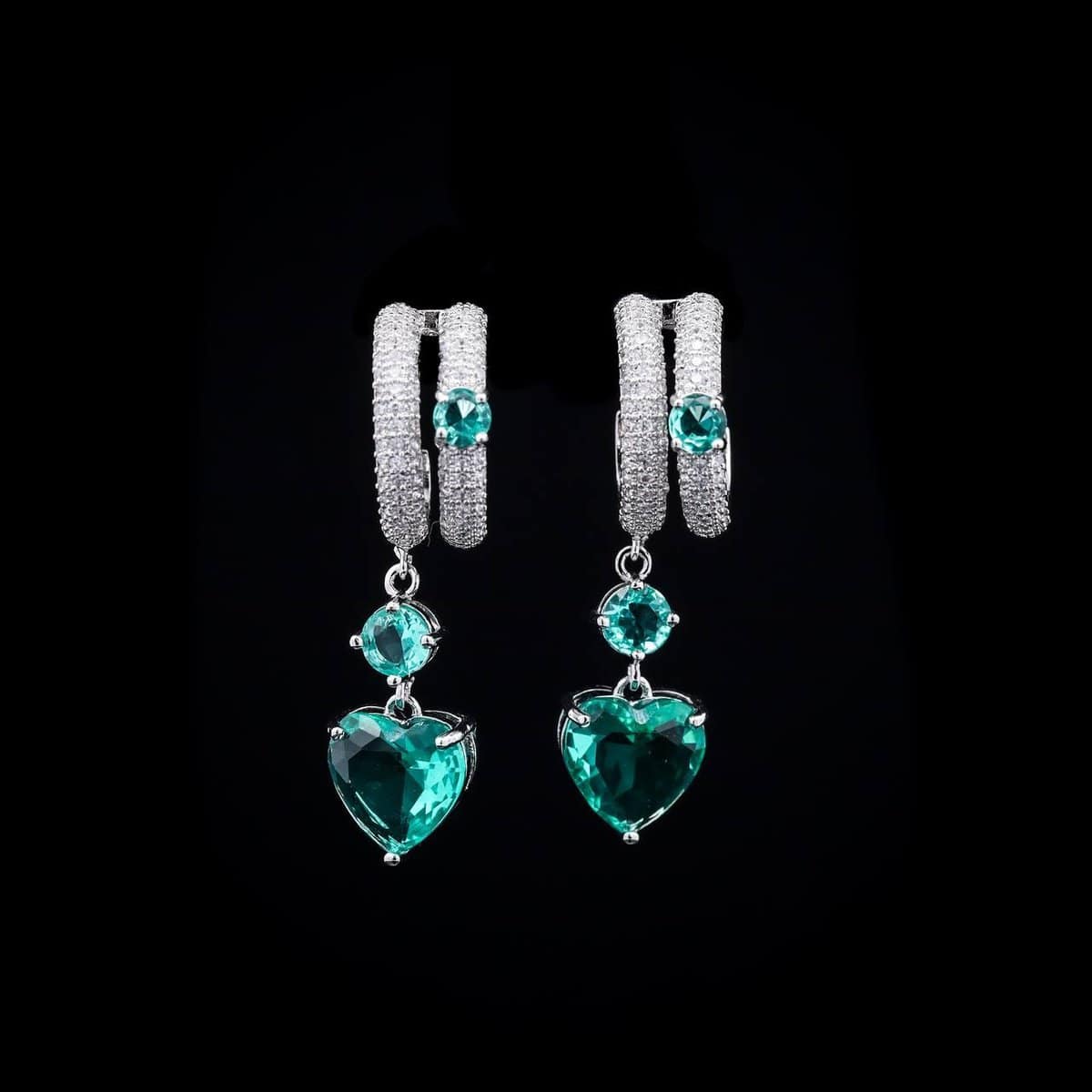 Omnia Emerald Heart Drop Earrings in High-Quality Green Zircon Stone with Double Hoop Design in Rhodium Plated - OMNIASTORES UAE
