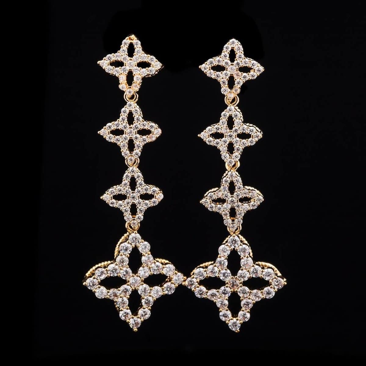 Omnia Zoe Gold Cross-Shaped Drop Earrings with High-Quality Zircon Stones in Rhodium Plated - OMNIASTORES UAE